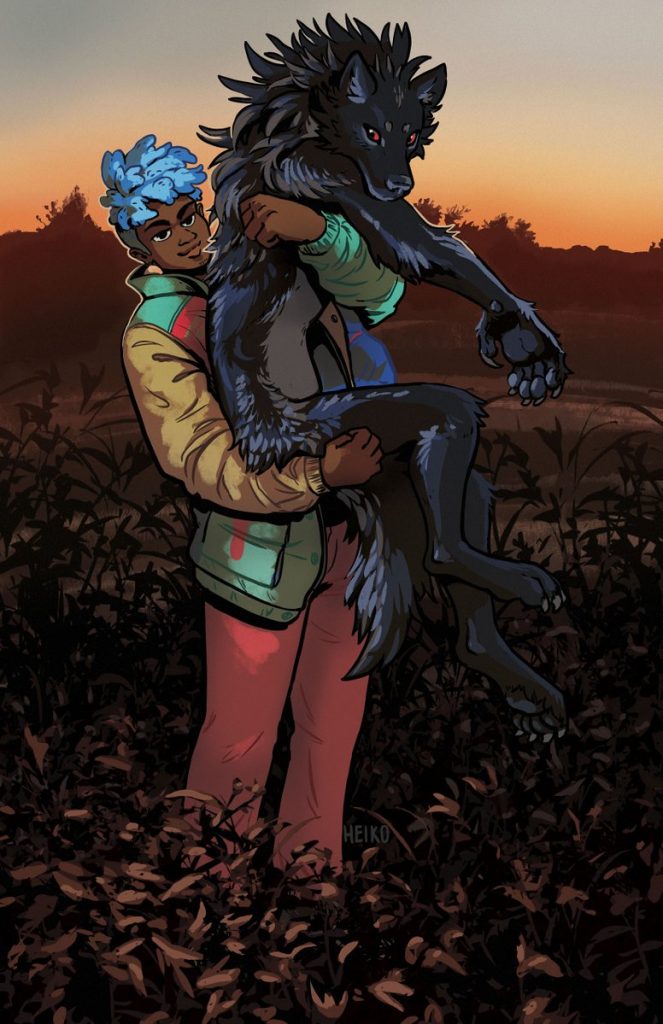 Illustration: A blue-haired woman stands in a field, carrying a black-furred werewolf.