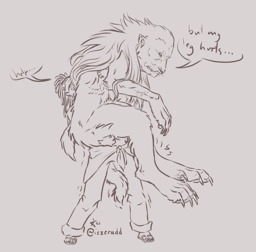 Line art: a man peeks out from the werewolf he is just barely managing to carry, and says “help...”. The werewolf replies, “but my leg hurts...”