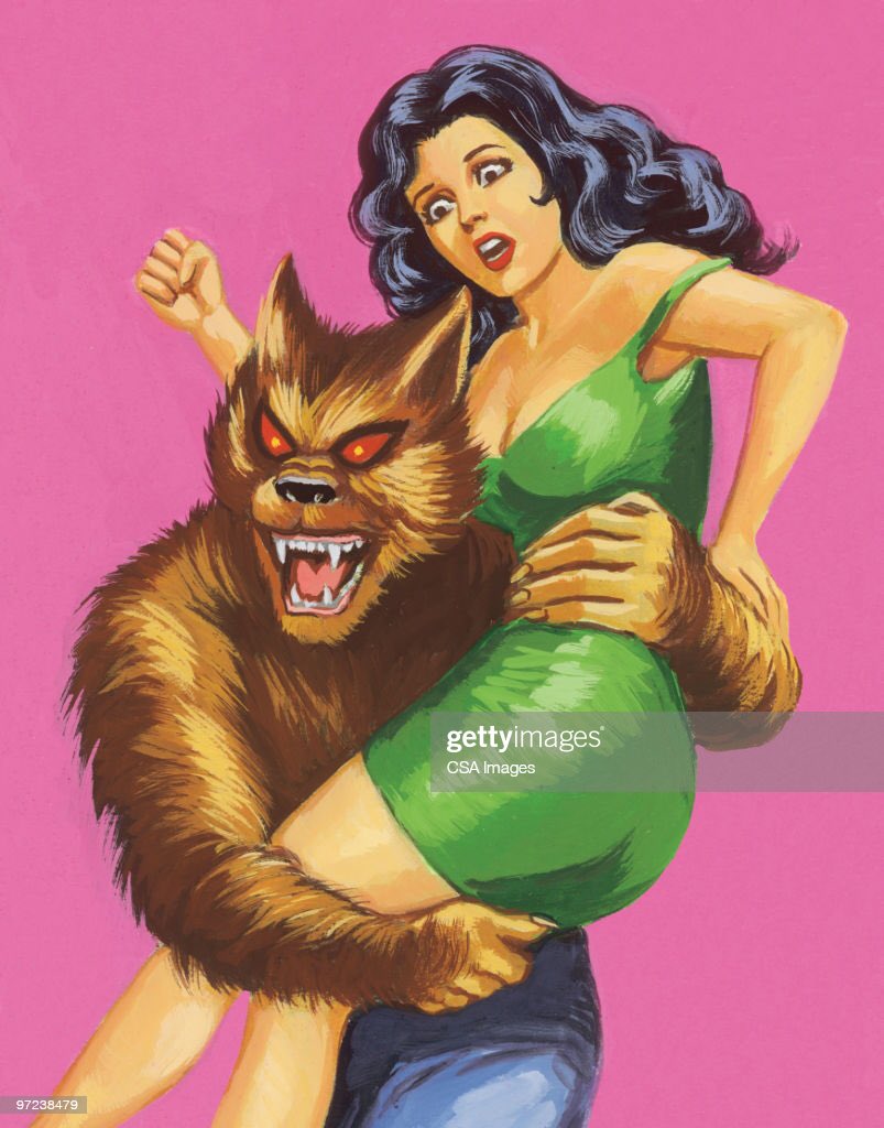 Illustration in the style of a pulp novel cover: A snarling werewolf carries an alarmed woman in a short dress.